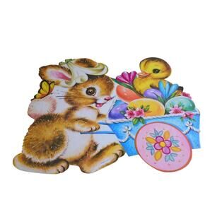 Vintage Easter Die-Cut Rabbit with Wheelbarrow & Duck 12.5" x 14.5" Spring